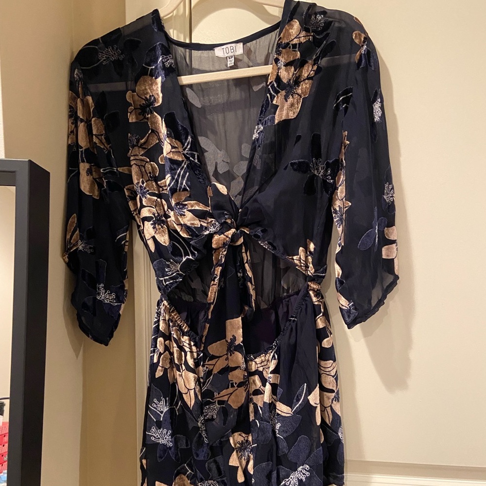 Tobi romper with dark blue and gold velvet flowers